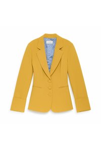 Blazer jaune au design ajusté, présentant un revers cranté, trois boutons et une doublure bleue à motif. Manches longues avec poignets ajustés.