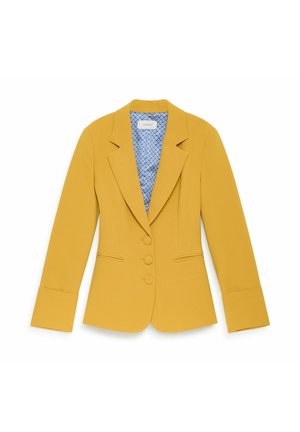 Yellow blazer with a tailored design, featuring a notched lapel, three buttons, and a blue patterned lining. Long sleeves with tailored cuffs.