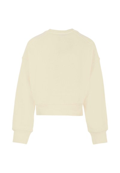 Geknipt sweatshirt van lichtbeige stof met lange mouwen, ribgebreide manchetten en een ruwe zoom. Vlotte textuur, geen zichtbare logo's of patronen.
