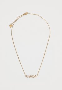 Gold chain necklace featuring multiple clear gemstones in various shapes, set against a sleek, thin chain with a clasp closure.