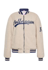 Beige flauschige Bomberjacke mit marineblauen Rippbündchen und Saum. "Kollege" in marinem Schriftzug auf der Vorderseite, mit einem "A" am Ärmel.