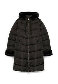 Schwarze Pufferjacke mit Reißverschluss, ausgestattet mit einer Kapuze und Manschetten aus Kunstfell, gequiltetem Muster und zwei Seitentaschen.