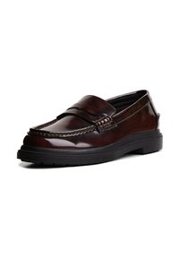 Brown leather loafers with a glossy finish, decorative stitching along the upper, and a durable black rubber sole.