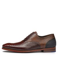 Zapatos de cuero marrón oscuro con un patrón de piel de serpiente texturizado, punta afilada y tacón negro en contraste. Costuras detalladas y diseño con cordones.