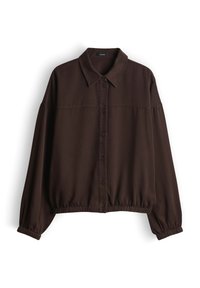 Camicia marrone con bottoni, colletto, orlo elasticizzato e maniche lunghe. Realizzata in tessuto leggero con una texture liscia.