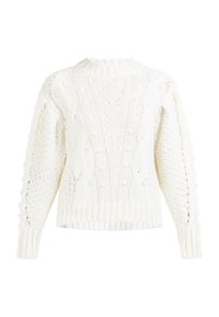 Pull en tricot blanc avec un motif en câble texturé, col et poignets côtelés, et une coupe décontractée. Accents notables de pompons sur les manches.