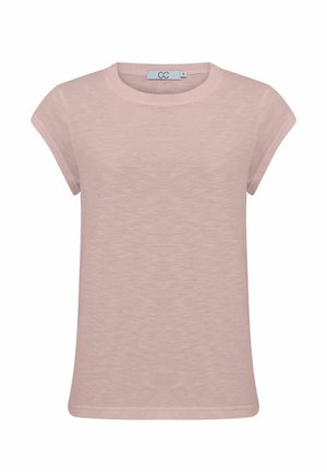 Puha, rózsaszín női rövid ujjú póló kerek nyakkivágással és finom textúrával, kis méret, fehér háttéren bemutatva.