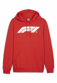 Rød hættetrøje med en frontlomme, en snorhætte og et stort hvidt "F1" logo på brystet. Ribbet manchetter og kant. Letvægtsstof.