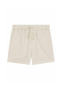 Beige linneshorts med elastisk midja, dragsko och sidfickor. Har en skräddarsydd passform och en slät yta.