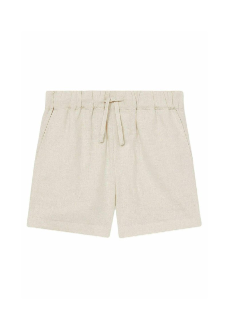 Beige linneshorts med elastisk midja, dragsko och sidfickor. Har en skräddarsydd passform och en slät yta.