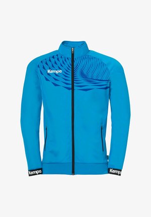 Blue athletic jacket made of smooth fabric with a high collar, full zip, and graphic pattern in darker blue on the upper front. Features branded accents.