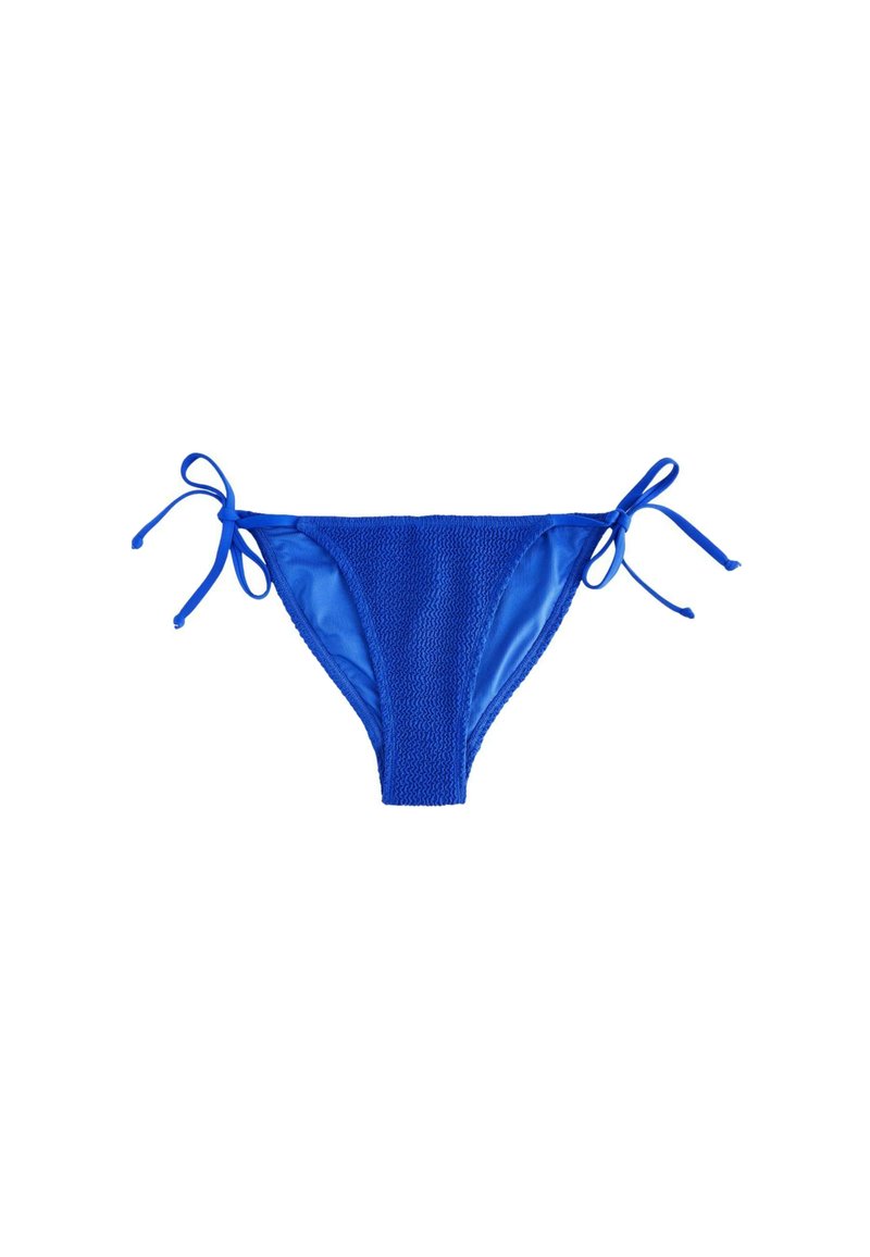 Modri bikini spodnji del z zavezovanjem ob strani, ki ima strukturo na sprednji strani in gladko blago na straneh in hrbtu.