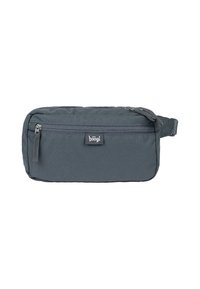 Gray fabric pouch with a rectangular shape, featuring a front zip pocket, and a small brand label. Smooth texture and durable material.