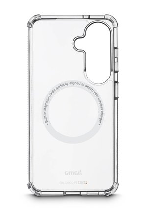 Clear, transparent protective phone case with camera cutout and built-in magnetic circle for wireless charger alignment.