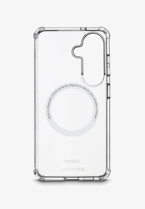 Klare, transparente Schutzhülle für das Telefon mit Aussparung für die Kamera und integriertem magnetischem Kreis zur Ausrichtung des drahtlosen Ladegeräts.