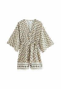 Kerge kättevõtu kleit lühikeste kimono varrukatega, millel on beeži taust, kaunistatud tumedate ja kuldsete lehemustritega ning dekoratiivse äärtega.