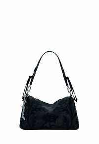 Geantă de mână din piele întoarsă neagră, cu broderie florală, formă curbată, curea detașabilă și închidere cu fermoar argintiu. Textură moale cu detalii fine.