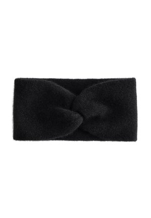 Black knitted headband with a twisted front design. Soft texture and wide shape suitable for headwear, providing warmth and coverage.