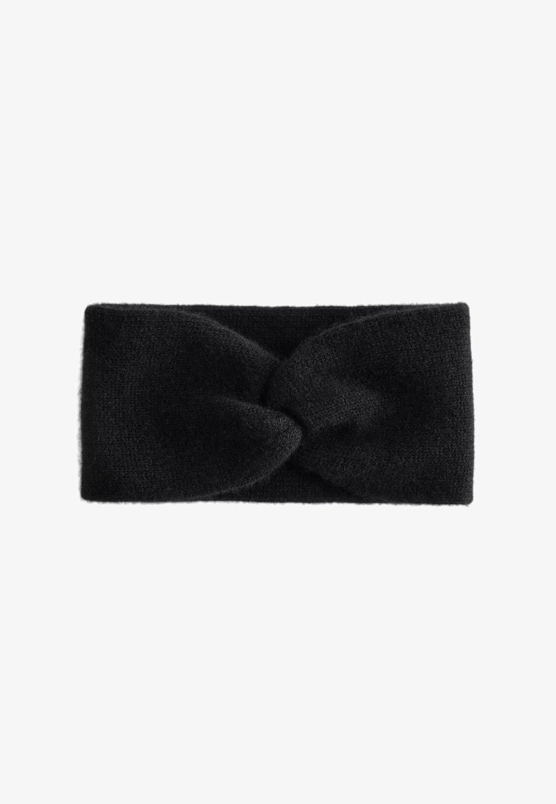 Schwarz gestricktes Haarband mit einem verdrehten Design an der Front. Weiche Textur und breite Form, die sich gut für Kopfbedeckungen eignet und Wärme sowie Schutz bietet.