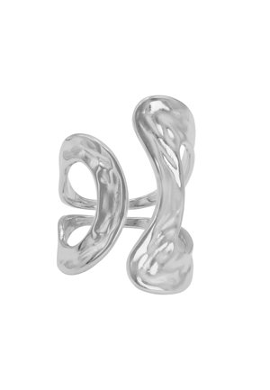 Zwei abstrakte, unregelmäßig geformte glänzende silberne Ringe, verbunden durch ein dünnes Band auf weißem Hintergrund.