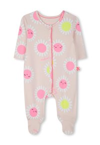 Rompers rosa chiaro con margherite bianche dai centri rosa e gialli, maniche corte e chiusura frontale a scatto decorata con bordo ondulato.