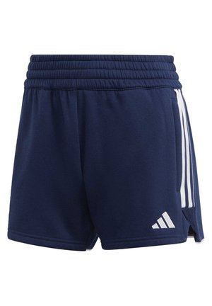 Shorts sportivi blu navy con vita elastica, strisce bianche sui lati, tasche laterali e un piccolo logo Adidas bianco sulla gamba anteriore.