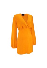 Oranžové šaty s dlouhými, nabíranými rukávy, hlubokým V-výstřihem a detailním nařasením v pase. Hladká látka s volným střihem.