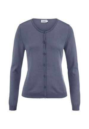 Damen-Cardigan mit langen Ärmeln in Dunkelgrau, zum Knöpfen, mit rundem Ausschnitt, gerippten Bündchen und Saum, auf weißem Hintergrund dargestellt.