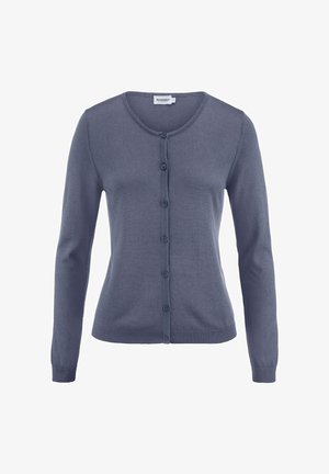 Damen-Cardigan mit langen Ärmeln in Dunkelgrau, zum Knöpfen, mit rundem Ausschnitt, gerippten Bündchen und Saum, auf weißem Hintergrund dargestellt.