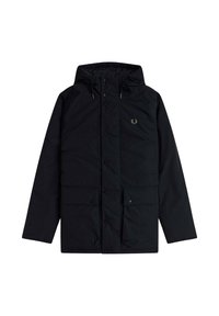 Giubbotto imbottito nero con cappuccio, chiusura frontale con bottoni a pressione, due grandi tasche frontali e piccolo logo ricamato sul petto a sinistra.