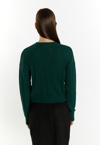 Maglione a trecce di colore verde scuro, con polsini e orlo a coste, caratterizzato da un motivo testurizzato e una vestibilità ampia, visto da dietro.