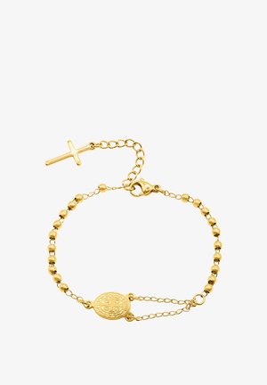 Gouden armband met een kruis charme en ronde kralen, voorzien van een verstelbare ketting en een vergrendelingssluiting. Opmerkelijke schijf detail met gegraveerd ontwerp.