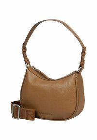 Borsa a spalla in pelle marrone con texture, cerniera argentata, tracolla regolabile con fibbia e tracolla in tessuto firmata "Burkely" in rilievo.