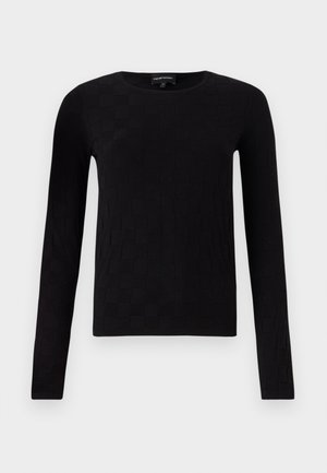 Black long-sleeve top with a textured square-patterned design. Round neckline and fitted shape, made from a soft material.