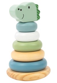 Stacked wooden toy rings in pastel colors topped with a green dinosaur head on a round wooden base.