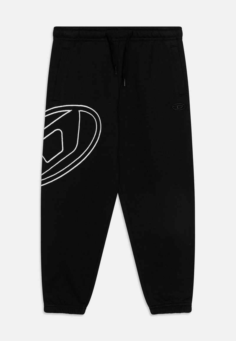 Pantalons de survêtement noirs avec des poignets élastiques, une taille avec cordon de serrage, des poches latérales et un grand design de logo blanc sur la cuisse gauche.