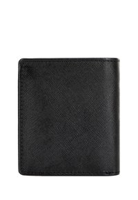 Zwarte leren portemonnee met een textuurafwerking, bi-fold ontwerp, vierkante vorm en versterkte stiksels langs de randen.