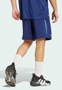 Pantalones cortos deportivos azules con acentos de rayas blancas y verde aguamarina, combinados con zapatos negros con detalles en gris y calcetines blancos.