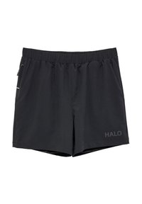 Svarta shorts i lättviktsmaterial med elastiskt midjeband, sidofickor och en logo på nedre framsidan. Slät yta och ren design.