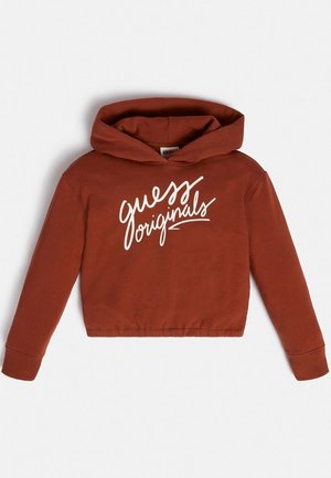 Felpa corta marrone realizzata in tessuto morbido, con un logo bianco scritto a mano "guess originals" sulla parte anteriore e un cappuccio con cordino.