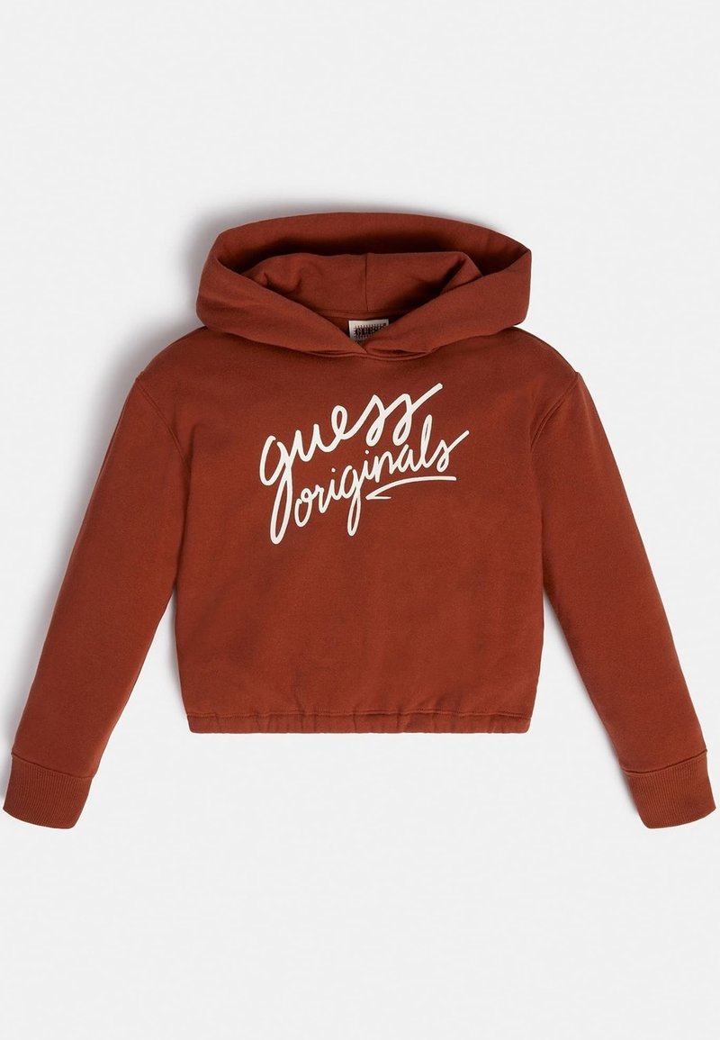 Felpa corta marrone realizzata in tessuto morbido, con un logo bianco scritto a mano "guess originals" sulla parte anteriore e un cappuccio con cordino.