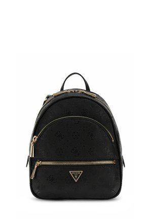Sac à dos Guess noir avec fermetures éclair dorées, poche zippée à l'avant, logos subtilement embossés et poignée supérieure.