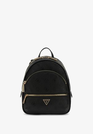 Zaino Guess nero con cerniere dorate, tasca anteriore con zip, loghi in rilievo sottili e manico superiore.