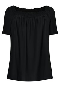 Blusa nera con maniche corte e arricciature lungo il collo. Tessuto morbido e leggero, caratterizzato da una silhouette ampia e fluida.
