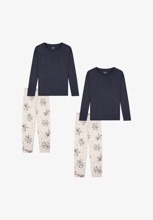 Zwei Sets aus Schlafanzügen mit dunkelblauen langärmeligen Oberteilen und hellbeigen Hosen, verziert mit dunklen Blumenmustern.