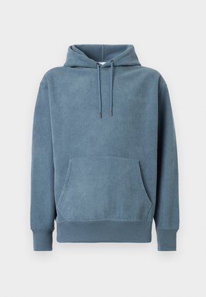 Blue ribbed fabric hoodie with front pocket, drawstring hood, and subtle embroidered logo on the chest.