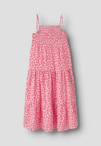 Rosa ärmelloses Kleid mit dünnen Trägern und gerafftem Oberteil, ausgestattet mit einem gestuften Rock und einem leuchtend rosa und orangefarbenen Leopardenmuster.