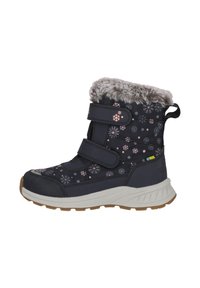 Marine Winterstiefel mit pinkem Schneeflockenmuster, Kunstfellbesatz, zwei verstellbaren Klettverschlüssen und gummierter Sohle mit strukturiertem Grip.