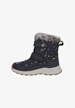 Marine Winterstiefel mit pinkem Schneeflockenmuster, Kunstfellbesatz, zwei verstellbaren Klettverschlüssen und gummierter Sohle mit strukturiertem Grip.