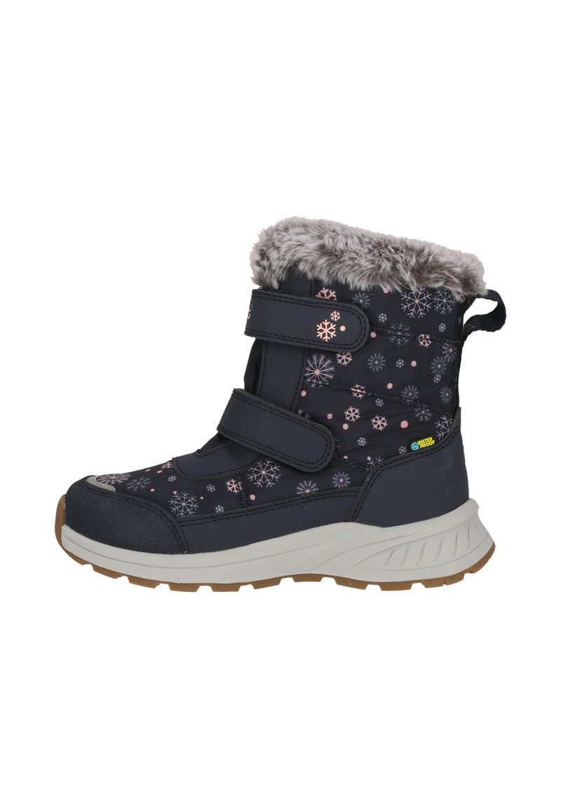 Marine Winterstiefel mit pinkem Schneeflockenmuster, Kunstfellbesatz, zwei verstellbaren Klettverschlüssen und gummierter Sohle mit strukturiertem Grip.